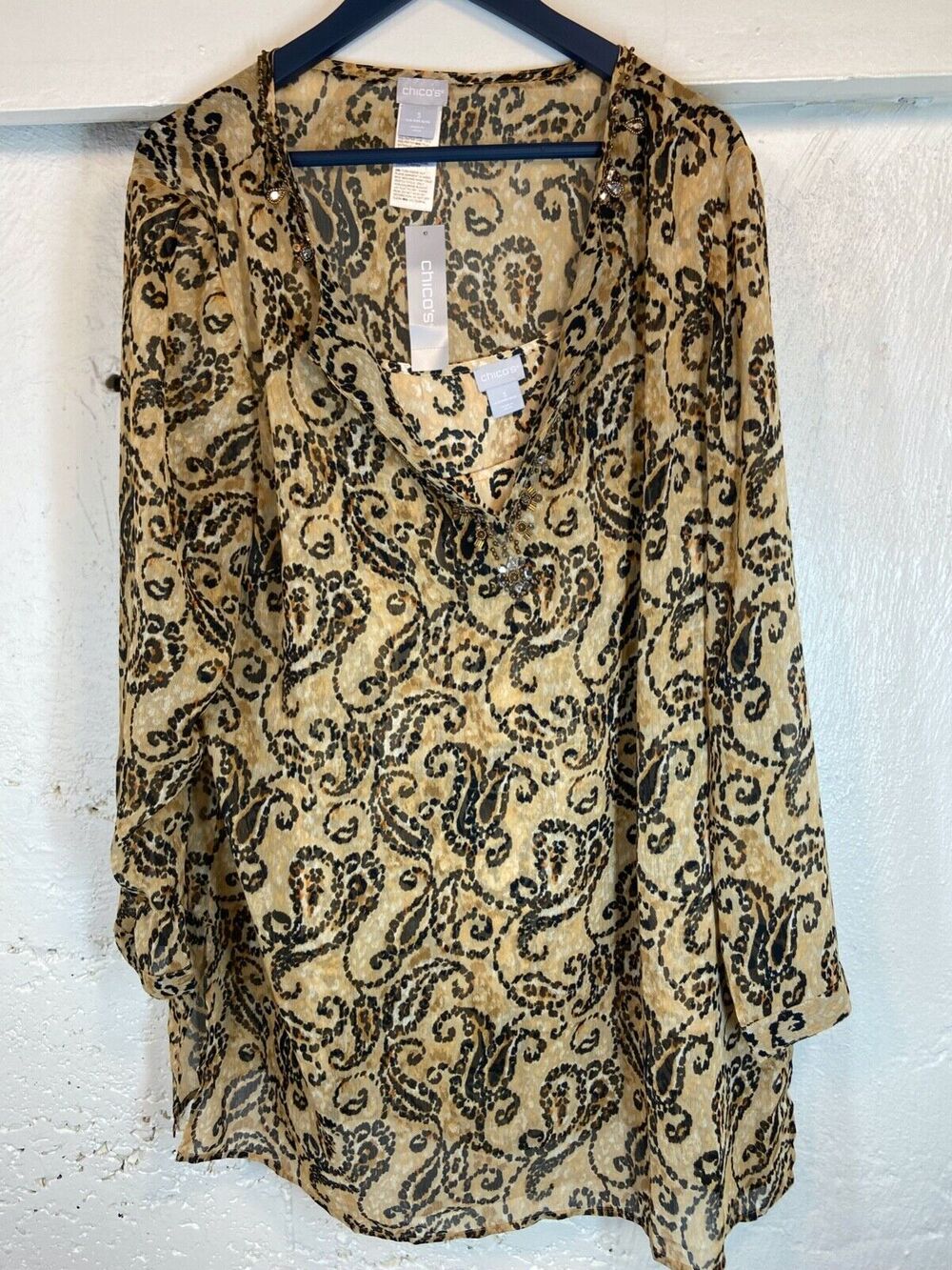 CHICO'S 3 LARGE SHEER V NECK WITH SILKY TANK TOP LINING BEADED NEW